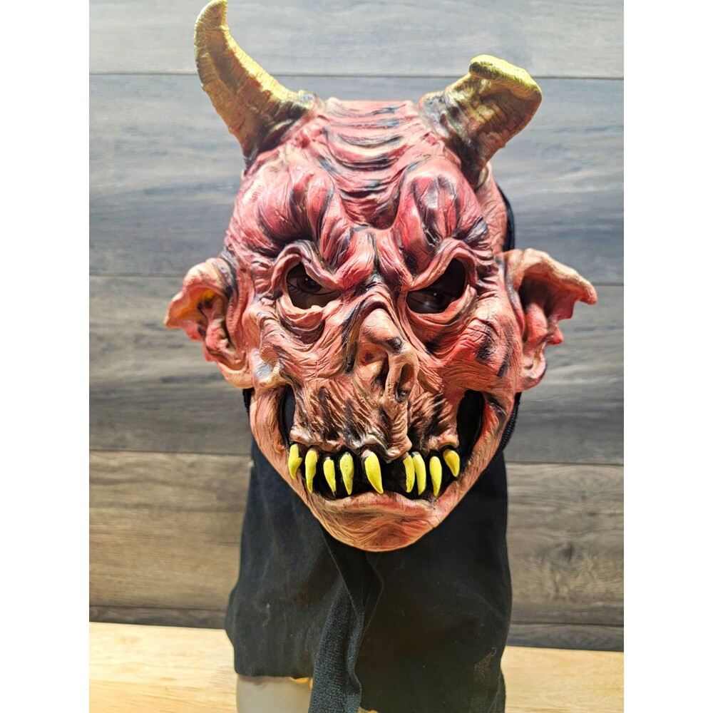 Seasons Devil Horned Latex Full Face Mask w/ Black Hood Adult Unisex One Size